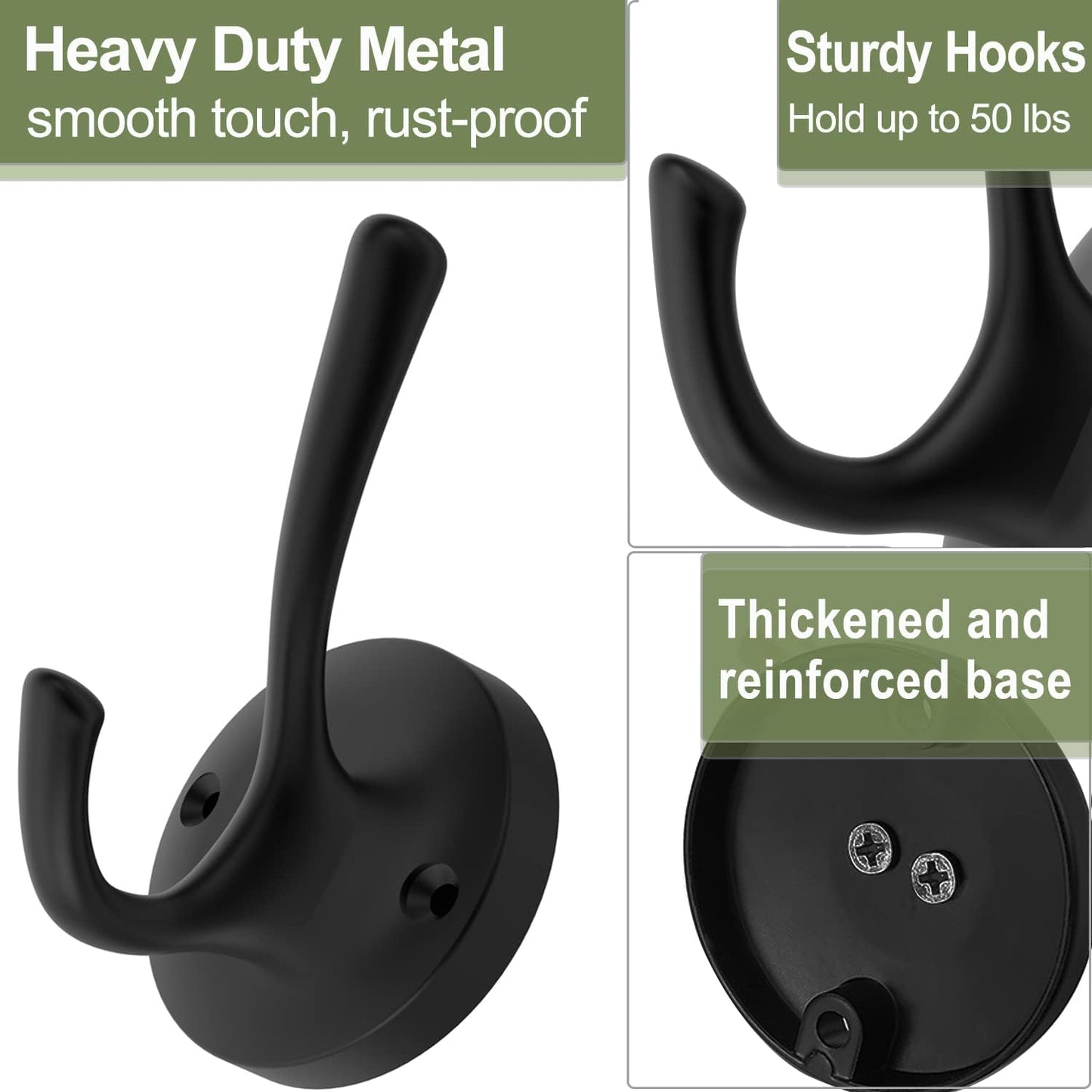 Black Towel Hooks, 2 Pack Coat Robe Hook Heavy Duty Metal Double Bathrobe Hook Wall Mounted, Hand Towels Hooks for Cubicle Bathroom Kitchen Closet Garage