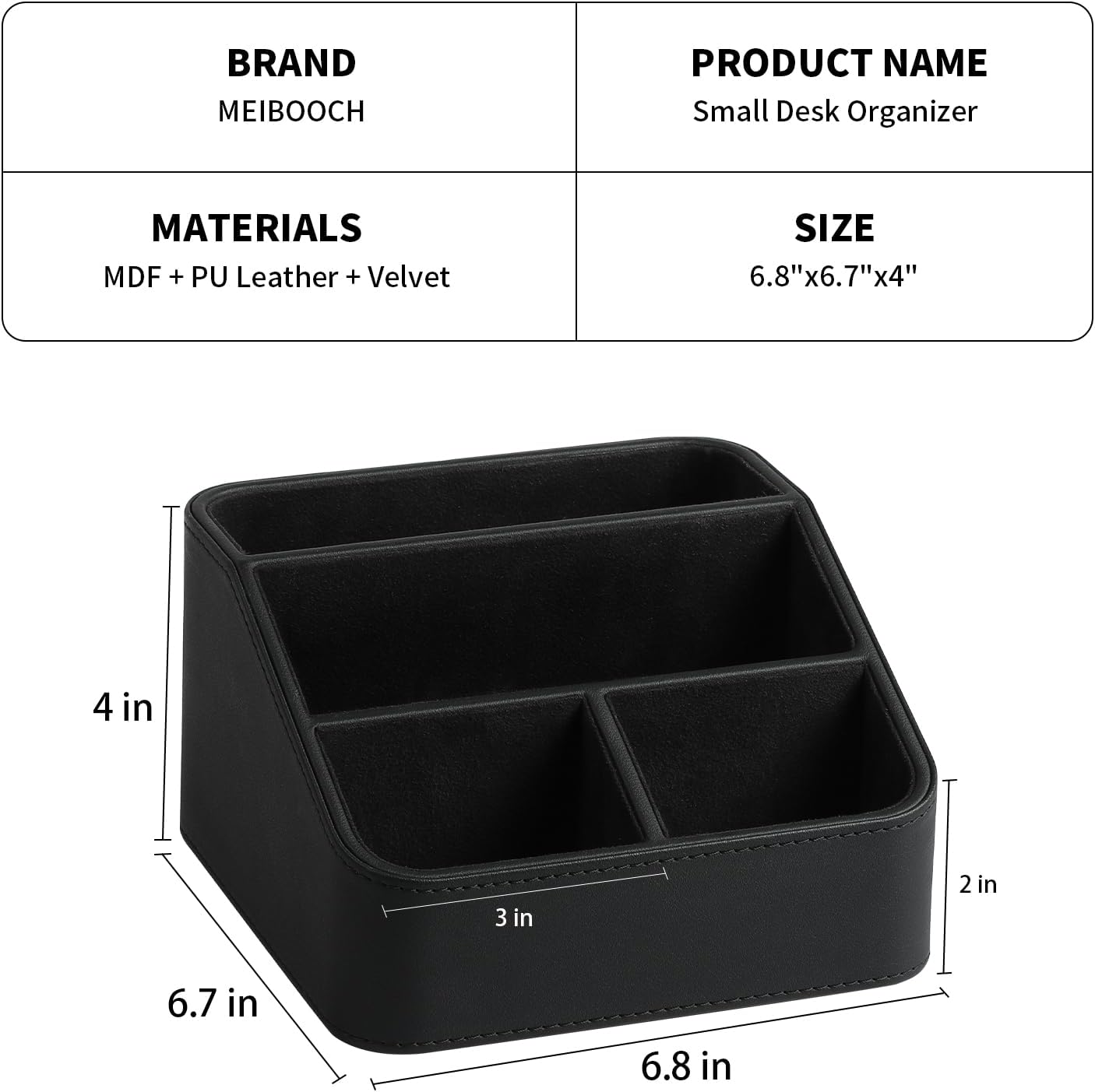 Remote Control Holder, PU Leather Small Desk Organizer with 4 Compartments, Nightstand Organizer Desk Caddy for Remote, Notepad, Phone, Glasses, and Accessories (Black)