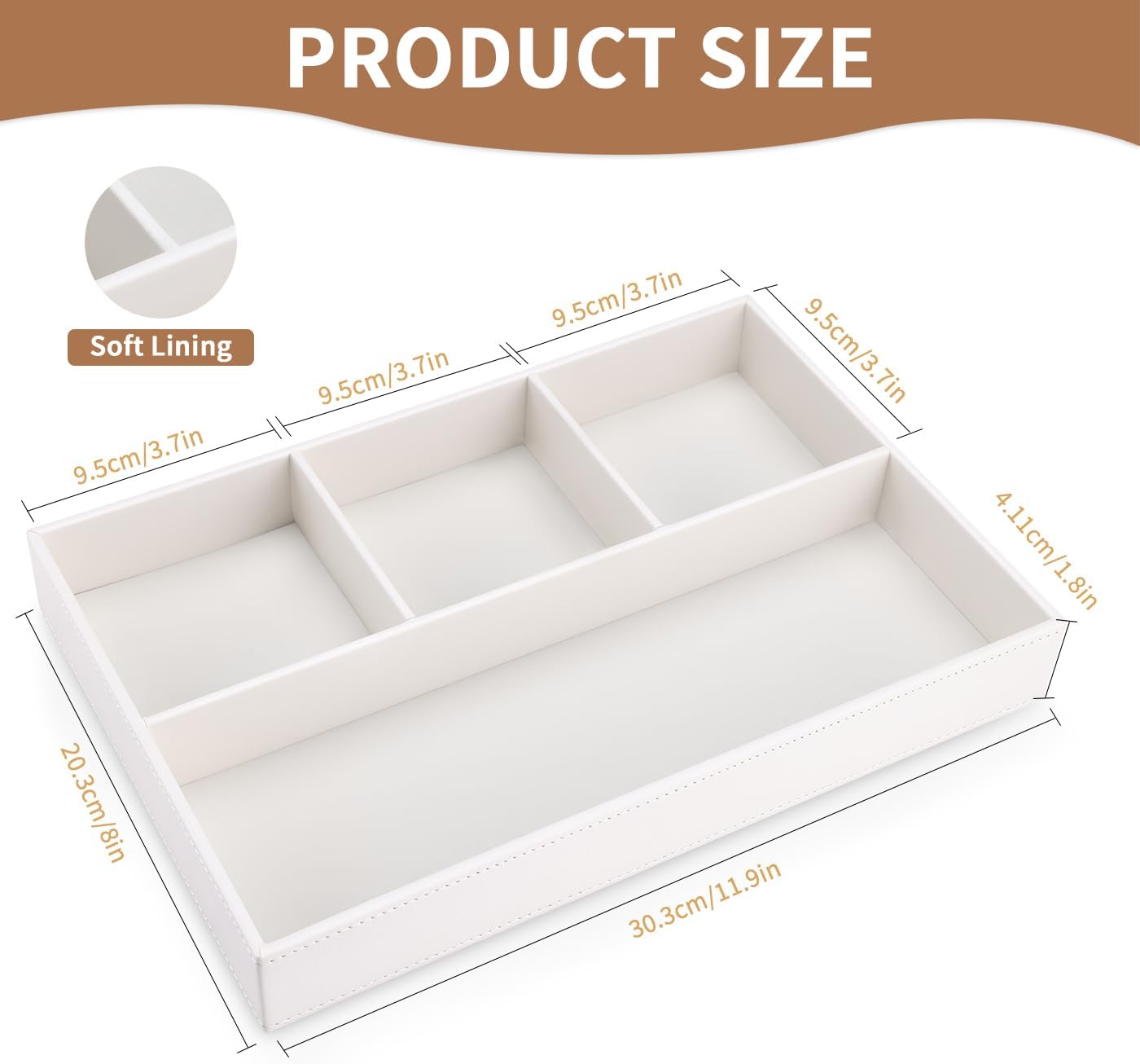 KINGFOM PU Leather Desk Drawer Organizer, 4 Compartment Office Supplies Stationery Storage Tray, Desk Organizers and Accessories Drawer Organizer Tray for Home, Makeup, Jewelry Stackable White