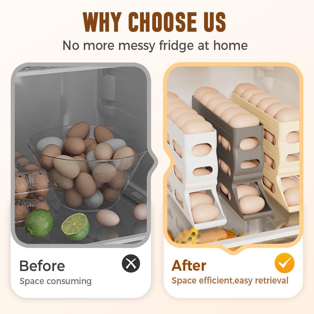 4-Tier Refrigerator Egg Holder, Automatic Gravity-Fed Rolling Egg Dispenser with Easy-Load Design, Space-Saving Fridge Organizer for Up to 30 Eggs, Kitchen & Pantry Storage Container (White) (white)