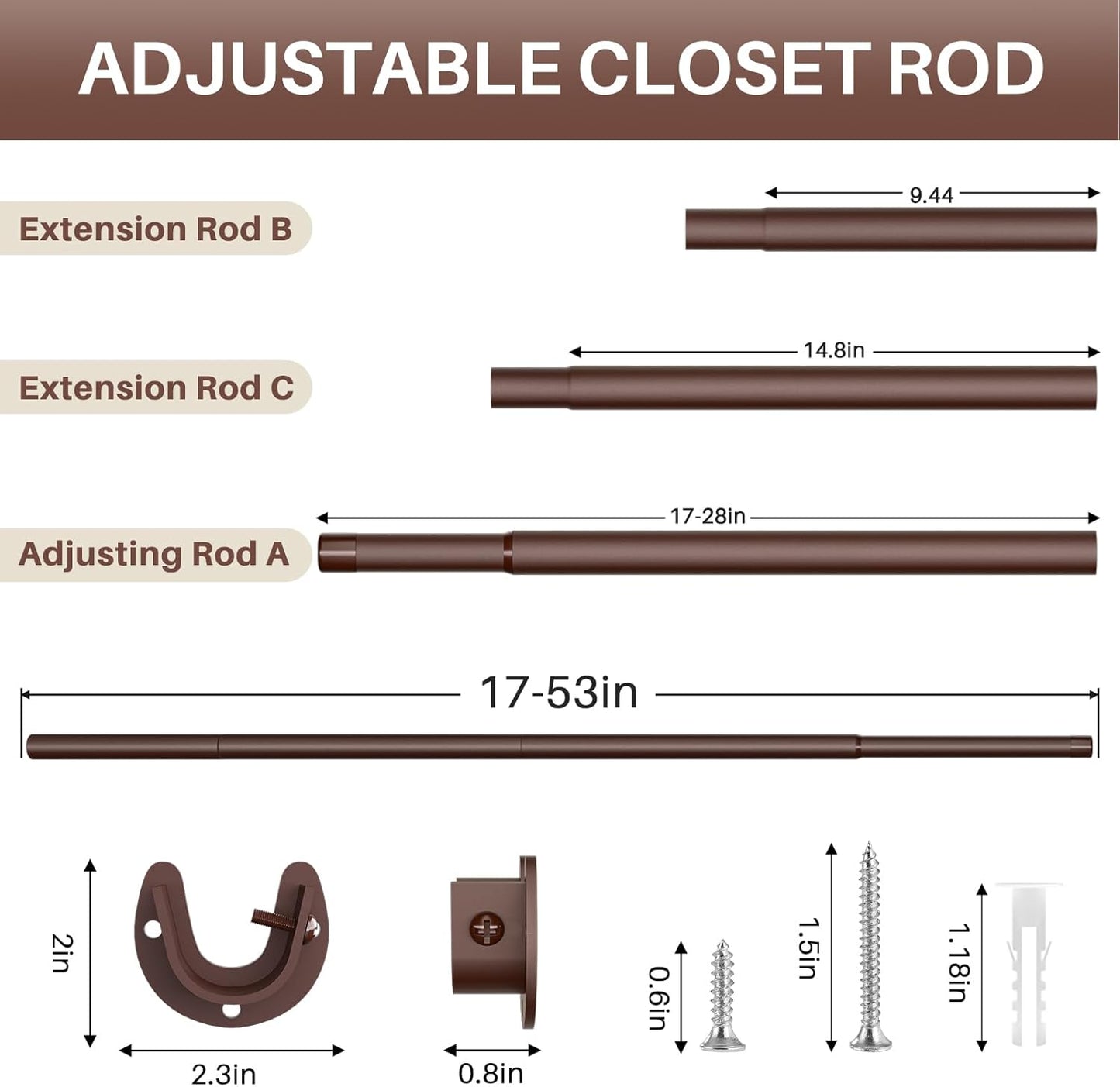 Closet Rod - Closet Rods for Hanging Clothes, 17 to 53 inch Adjustable Closet Hanging Rod, Heavy Duty Clothes Rod Clothing Bar, Closet Poles for Hanging Clothes for Wardrobes, Shower Curtain