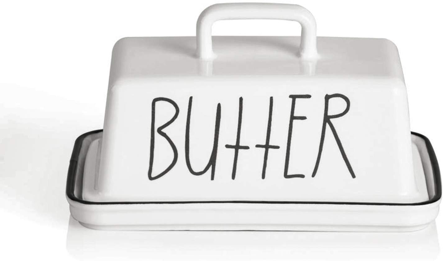 Sweejar Ceramic Butter Dish with Handle Lid, 7.3 Inch Porcelain Large Butter Keeper with Cover, Perfect for East/West Butter (White)