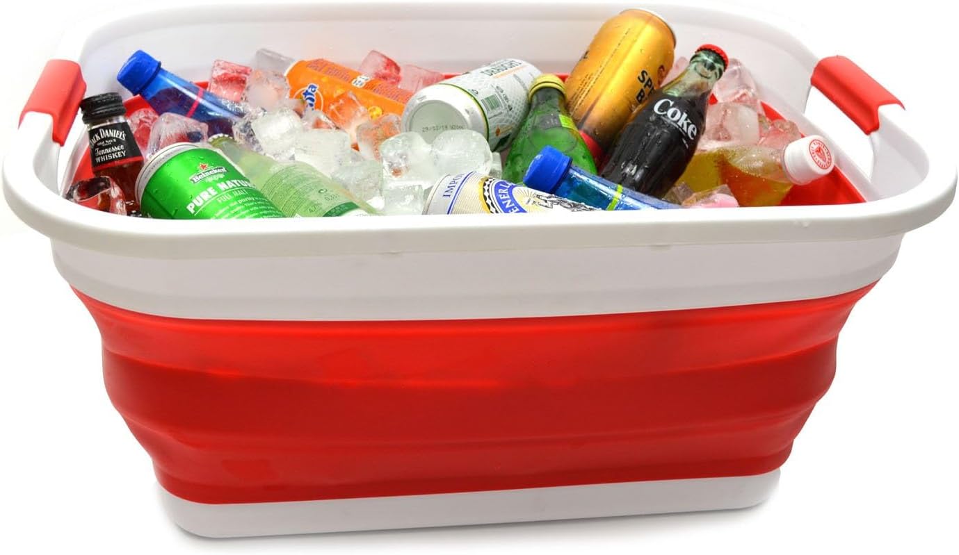 SAMMART Set of 2-41L(10.8 gallon) Collapsible Plastic Laundry Basket-Pop Up Storage Container-Portable Washing Tub-Space Saving Hamper/Basket, Water capacity:32L(8.4 gallon) (2 Rectangular, Red)