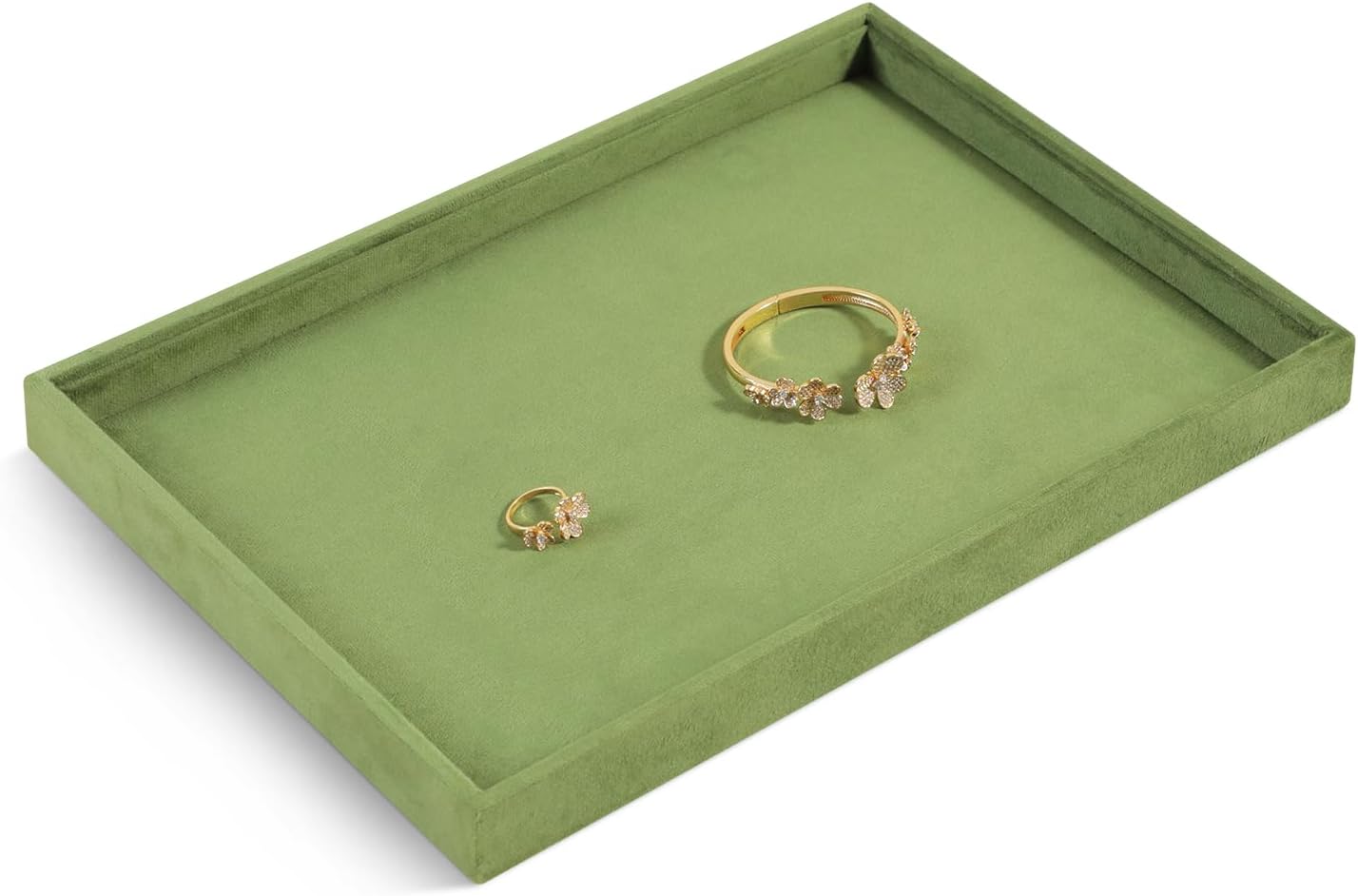 Velvet Stackable Jewelry Display Flat Tray For Ring Earring Necklace Bracelet, Bangle Pendant Storage Blank Plate, Shop Countertop Jewelry Dish Organizer (Olive Green)