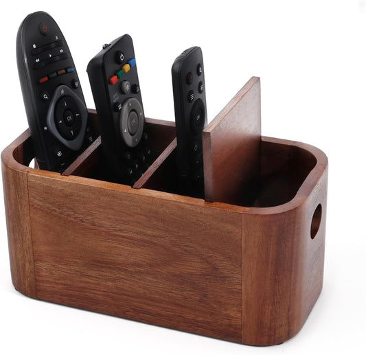 ‌Acacia Wood Remote Control Holder, Bonfixe Removable Desk Organizer with 4 Compartments & 4 Protective Pads, Easy Storage‌ TV Remote Holder for Living Room, Bedside Caddy, Office Supplies