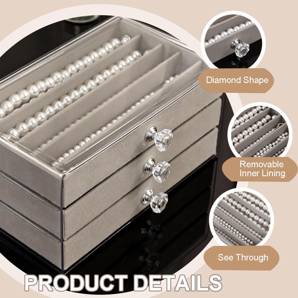SPAKOWN Necklace Organizer Box, Velvet Necklace Box Holder Tray with Clear Lid Chains Showcase Stackable Necklace Storage for Pendant Bracelet (5 Drawers - Grey)