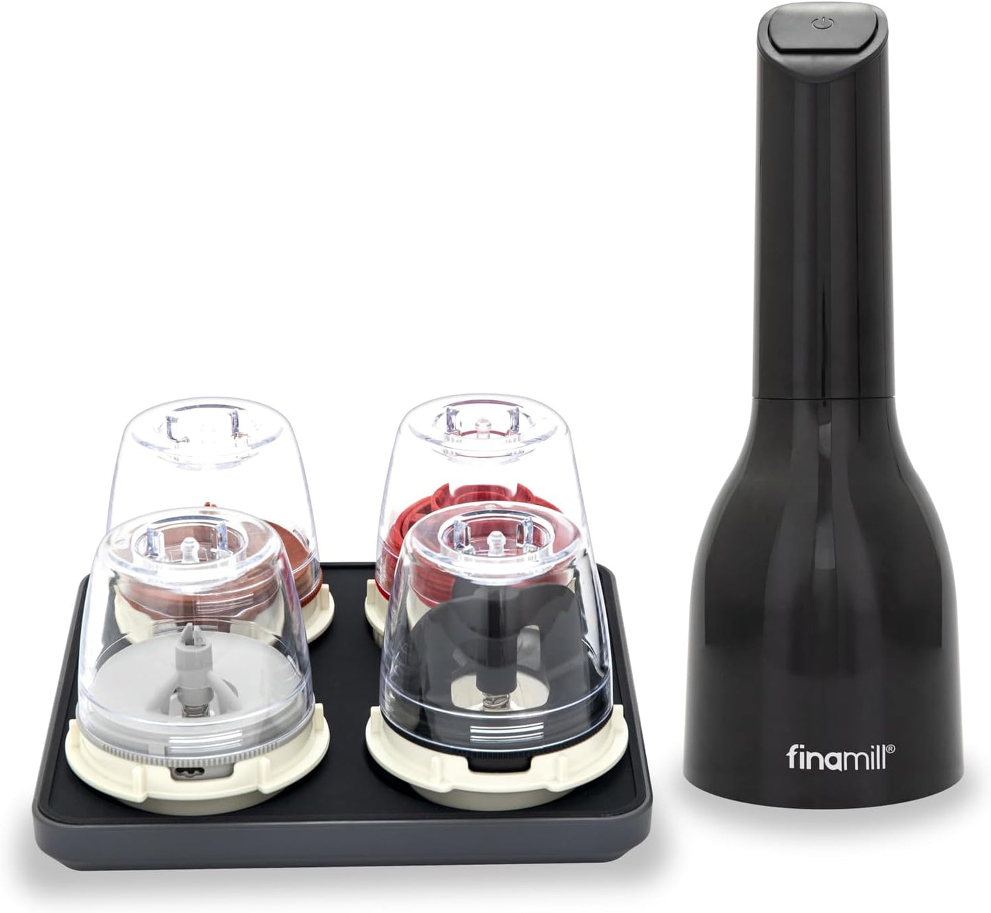 FinaMill Ultimate Gift Set – Battery Operated Spice Mill with 4 Interchangeable Spice Pods & Slate Quartet Stackable Tray, Adjustable Coarseness, Ceramic Grinder, LED Light, Kitchen Gifts for Women