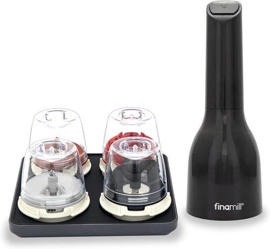 FinaMill Ultimate Gift Set – Battery Operated Spice Mill with 4 Interchangeable Spice Pods & Slate Quartet Stackable Tray, Adjustable Coarseness, Ceramic Grinder, LED Light, Kitchen Gifts for Women