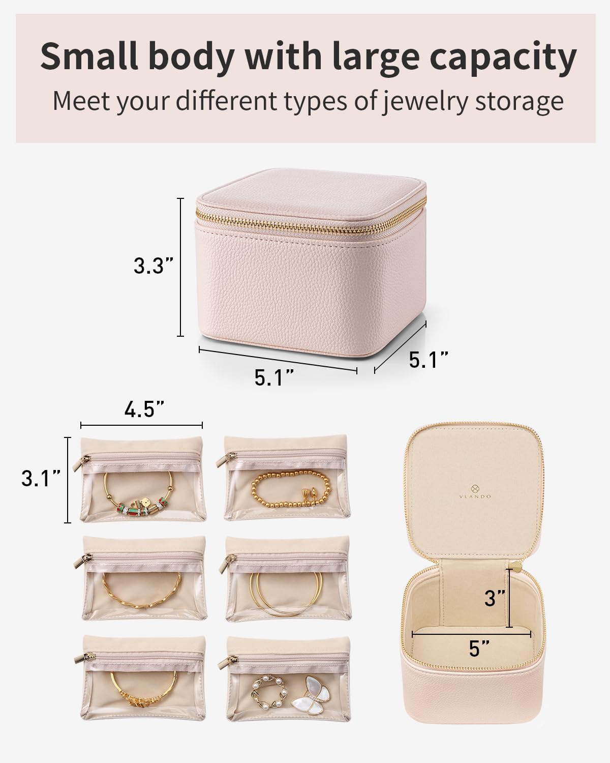 Vlando Jewelry Box with 6 Velvet Jewelry Bags Travel Jewelry Storage Box for Women Girl Jewelry Organizer Necklace Rings Earrings Bags Wedding Gifts Christmas Gifts for Women(Pink)