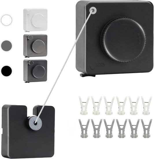 15.7Ft Retractable Clothesline Indoor an Anti-sag Retractable Clothesline Outdoor,Laundry Line Wall Mounted Stainless Steel Wire Laundry, with 12 Clip(Black)