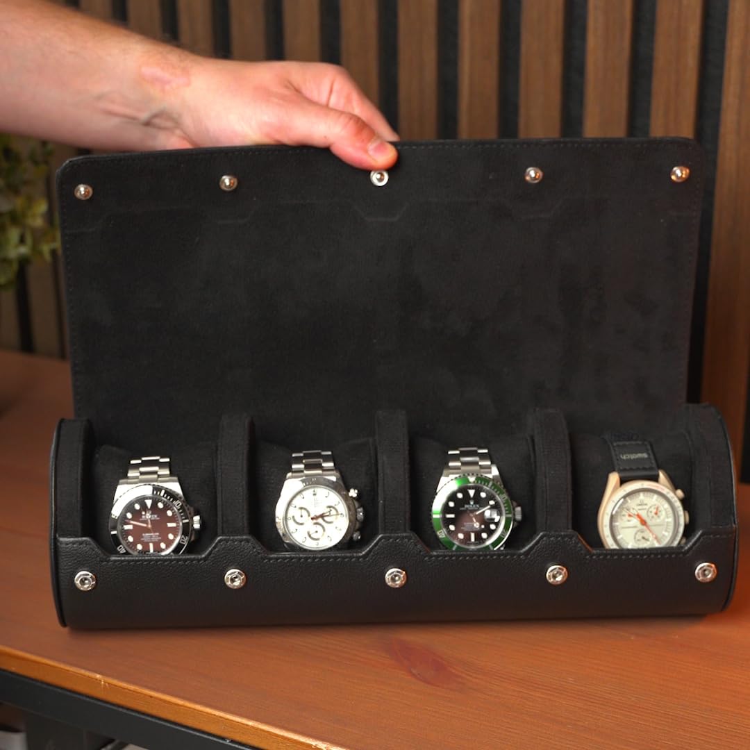 DailyWatch | Personalized Watch Roll Travel Case For 4 Watches - Handmade Genuine Leather Travel Case With Custom Engraving of Name or Initials - All Black