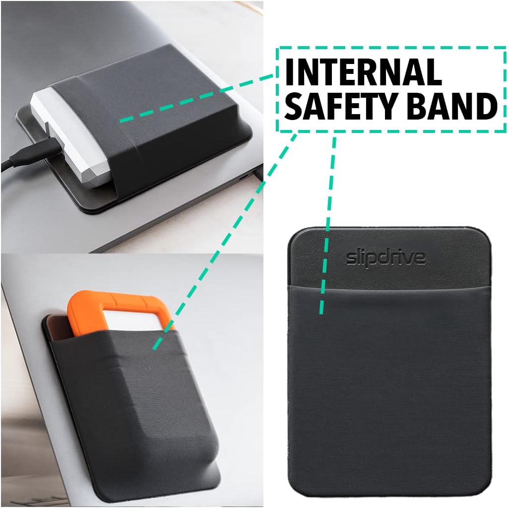 Slipdrive - Portable Hard Drive Sleeve for Laptop - HDD Hard Disk Drive - Reusable Adhesive - 5.5” x 4.5” Stick on External Hard Drive Carrying Case - Travel Pocket Pouch (Large, Black)