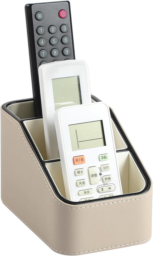 PU Leather Remote Control Holder, Small Desk Organizer Office Supply Bedside Caddy for Nightstand End Table Couch, Pen Remote Organizer with 3 Compartments (Beige)