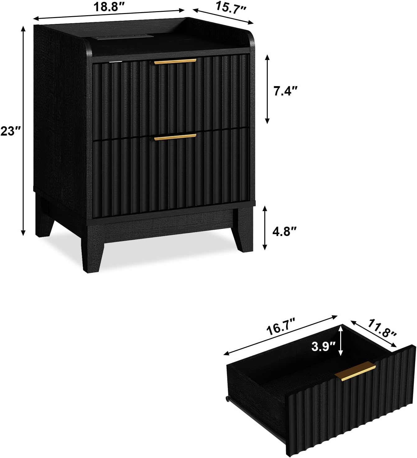 Wnutrees Fluted Nightstand with Charging Station, Modern Bedside Table with 2 Drawers, Farmhouse Wooden End Side Table Living Room, 2 Pack, Black