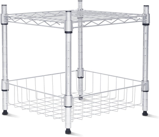 Whitmor 2 Tier Metal Storage Shelves, Heavy Duty Shelf with Basket, 350 lbs Capacity per Shelf, 700 lbs Total, Home Organizer for Kitchen, Garage, Bathroom, 15" L x 14" W x 15" H, Chrome