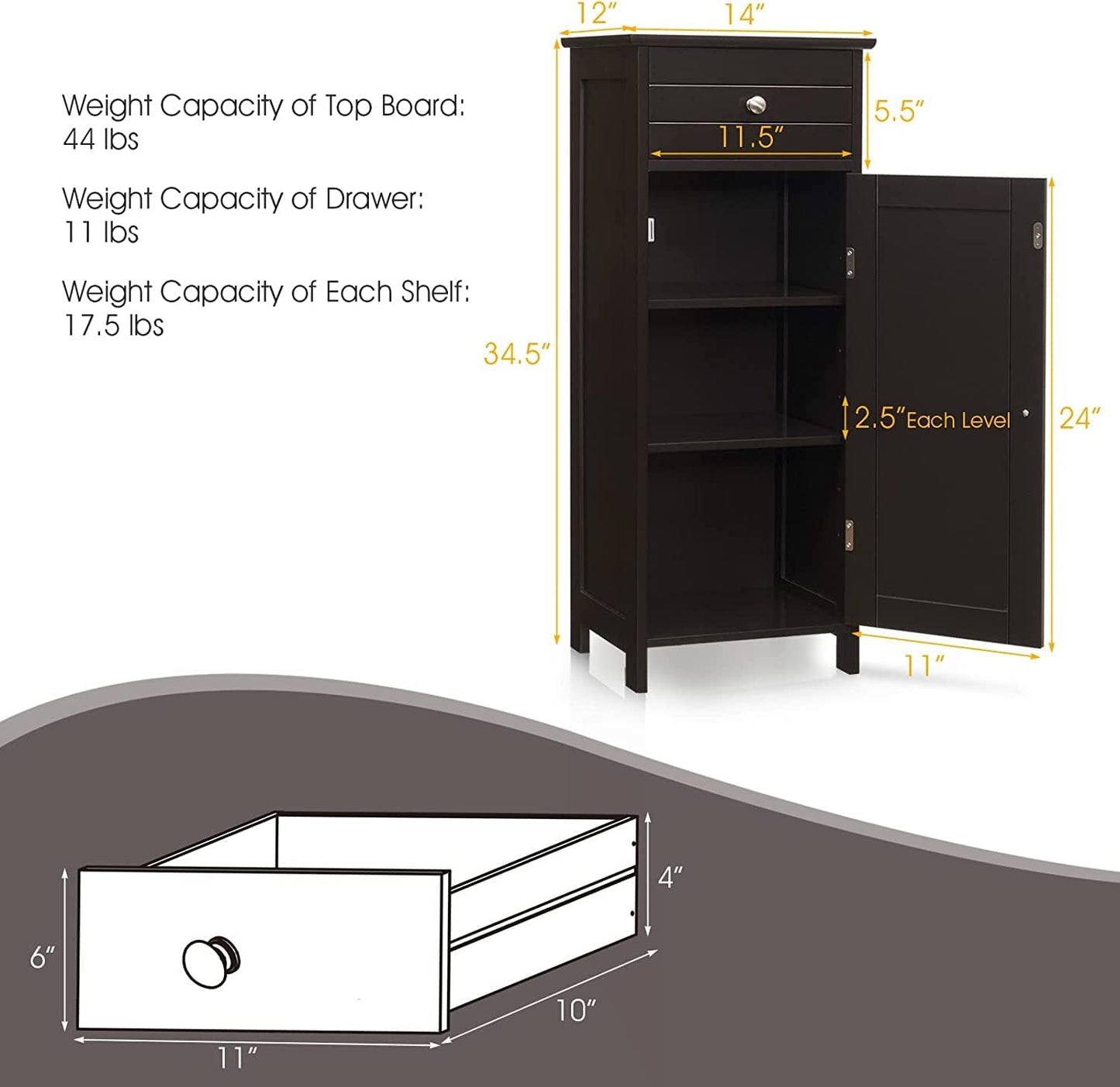 HAPPYGRILL Bathroom Floor Cabinet, Single Door Floor Storage Cabinet Organizer with Drawer and 3-Level Adjustable Shelves, Bathroom Cabinets Freestanding with Anti-Tipping Device for Living Room