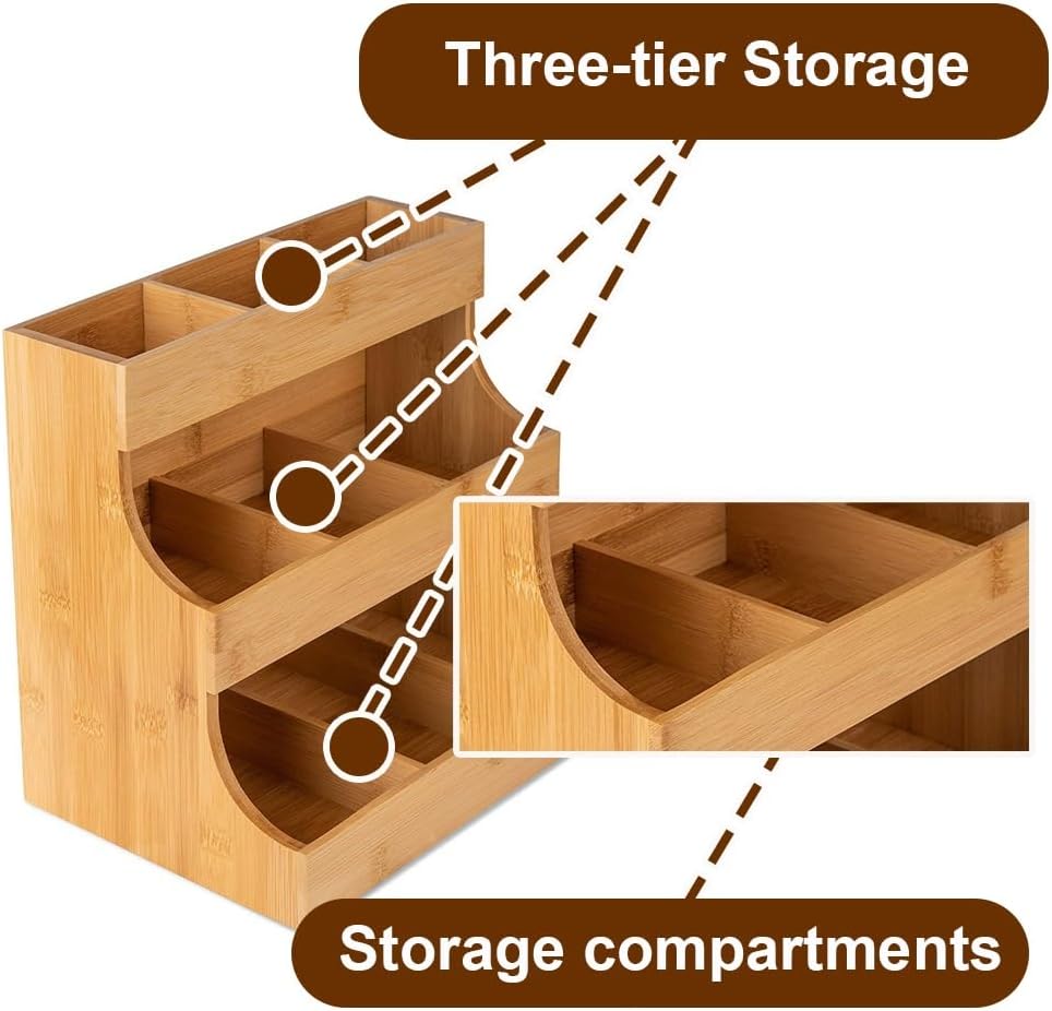 Bamboo Tea Bag Organizer, Practical Tea Bag Holder, Compact Coffee Pod Holder Fits Sugar Packets, Sweeteners, Creamers, Multi-purpose Storage Rack for Home, Kitchen, Office