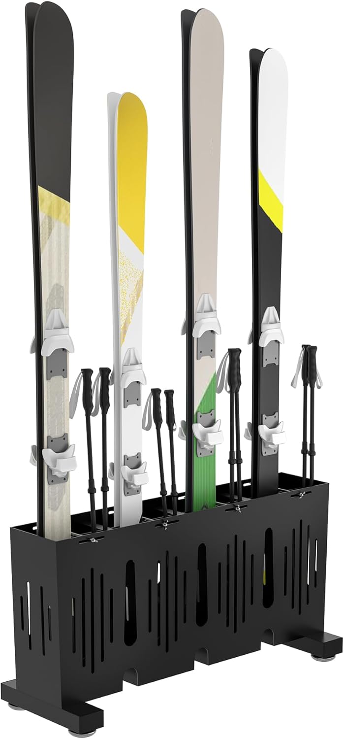 4-Pair Ski Storage Rack w/Width-Adjustable Fixing Bars, Heavy Duty Metal Freestanding Ski Rack - Ideal Organizer for Garage, Home and Store, 26" L ×10.2" W ×13.6" H