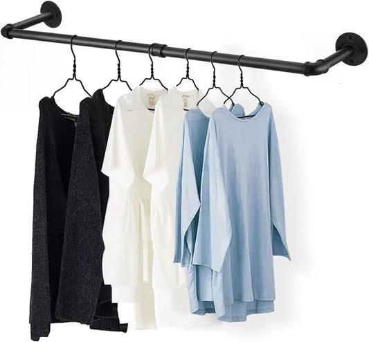 54” Wall Mounted Clothes Rack, Industrial Pipe Black Iron Garment Bar, Heavy-Duty Detachable Clothing Rod, Multi-Purpose Metal Wall display Hanging Pole for Closet Storage, Laundry Room 2 Base