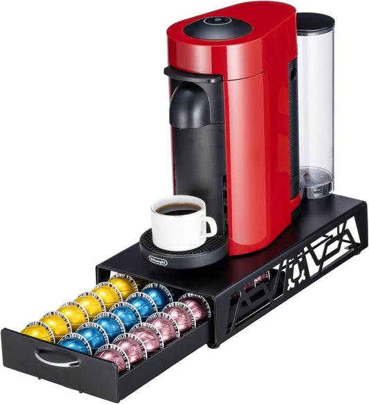 FlagShip Vertuo Pod Drawer Modern Black Metal Coffee Capsule Organizer & Space-Saving for Nespresso Pod Holder Coffee Machine Stand(30 Vertuo Pods Capacity)