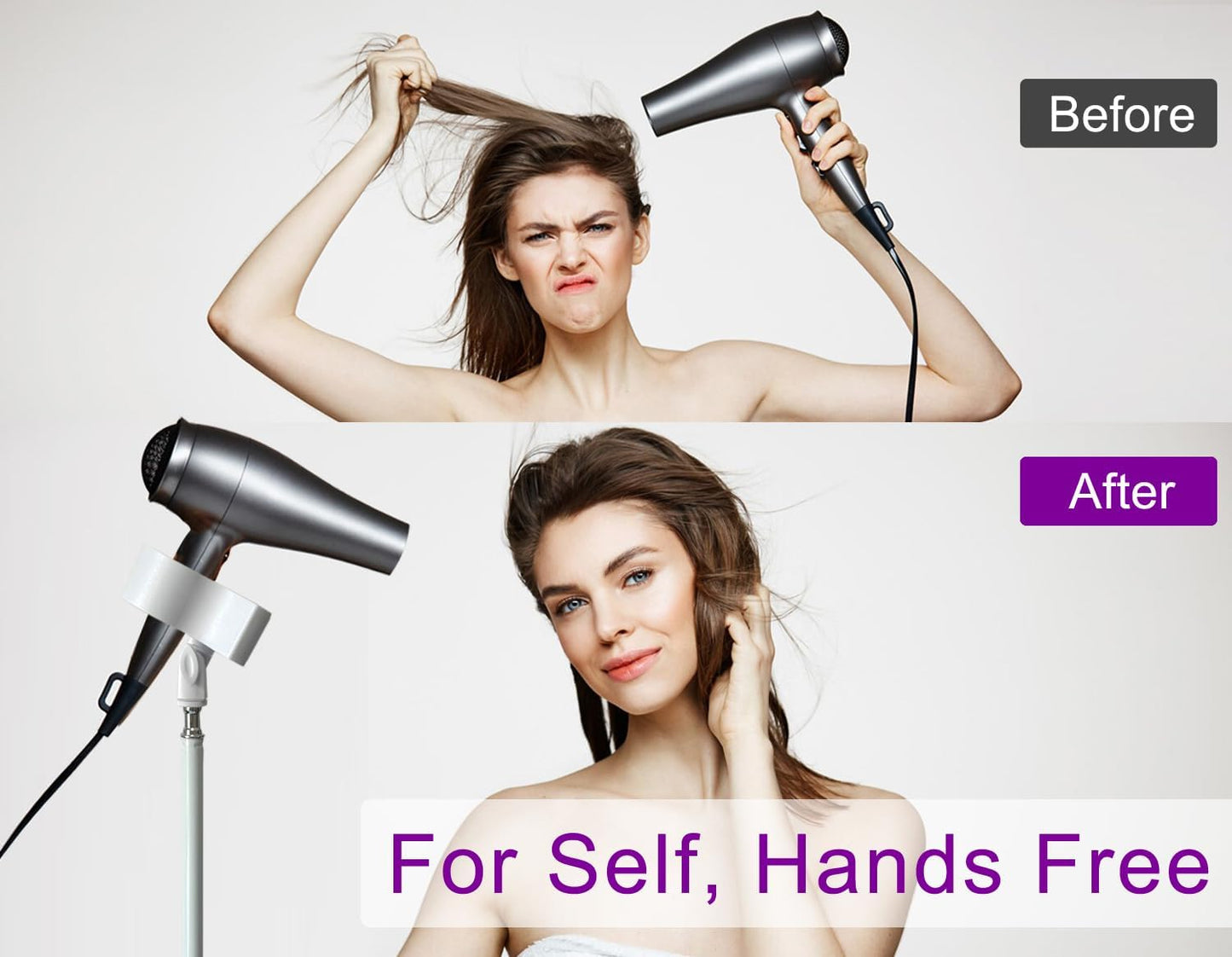 Hair Dryer Stand White 20-63 Inch Adjustable Blow Dryer Holder with Tripod and Universal Clip, Easy to Use, Hands Free Relieve Wrist Pain, Shoulder Periarthritis etc
