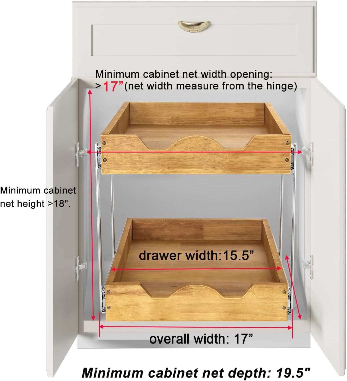 DINDON 2 Tier Wood Pull Out Cabinet Organizer (17" W x 18" D) Heavy-Duty Metal Sliding Drawer Shelf, Two Tier Pull Out Shelves for Kitchen Cabinets, Pantry, Bathroom…