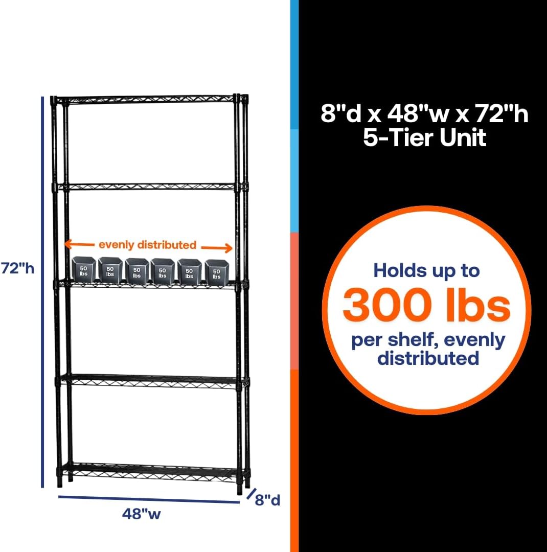 Shelving Inc. 8" d x 48" w x 72" h Black Wire Shelving with 5 Tier Shelves, Weight Capacity 300lbs Per Shelf