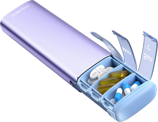Vaydeer Metal Travel Pill Organizer – Compact Weekly Pill Box for Daily Medication – Portable Small Pill Case for Vitamins, Pills & Supplements (Purple)