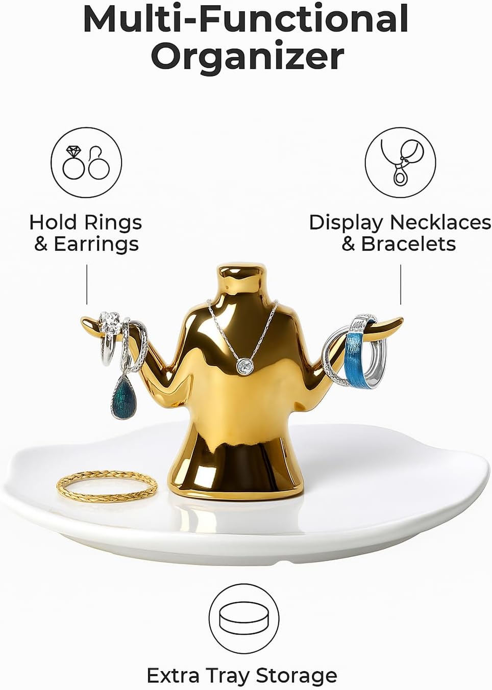 Gold Jewelry Holder with Tray – Ceramic Ring Dish, Earring Stand, Necklace & Bracelet Organizer – Decorative Trinket Dish Jewelry Organizer for Vanity, Dresser, or Nightstand