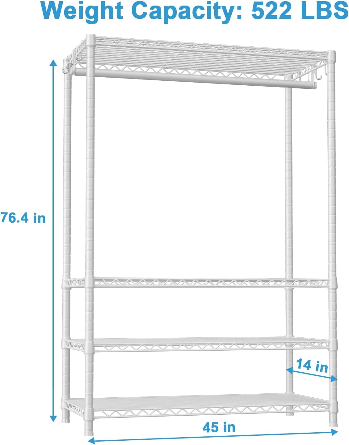 Ulif H4 Plus Garment Rack, 4-Tier Portable Clothes and Clothing Rack for Bedroom and Cloakroom, Closet Storage and Organizer Wardrobe System, 45" W x 14" D x 76.4" H, Load 522lbs, White