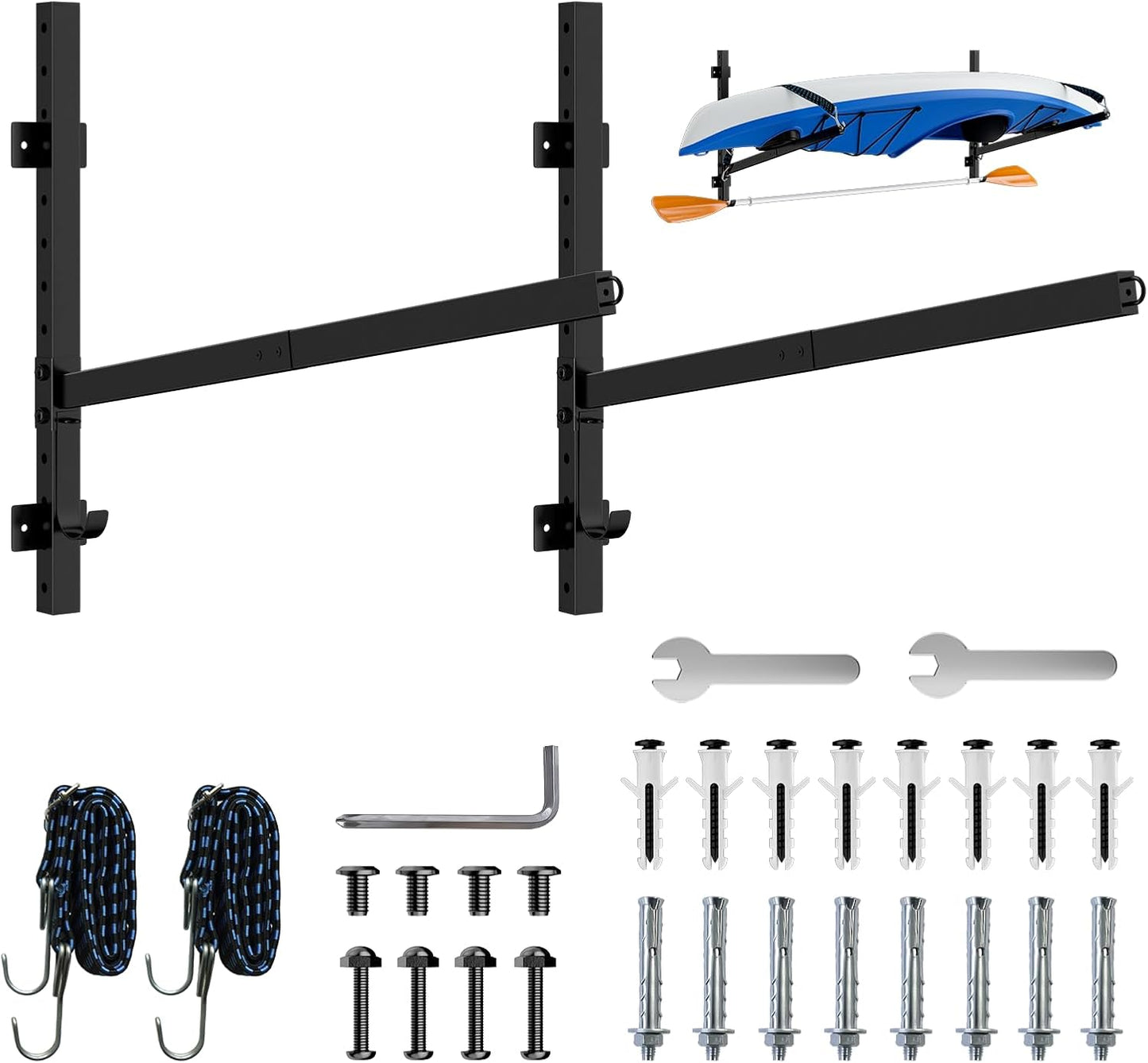 Kayak Storage Rack for Garage Wall Mount - Heavy L-Frame Holder with Anti-Slip Bungee & Complete Installation Kit, Supports 150LB (Fits Canoe/Paddle Board, Black)