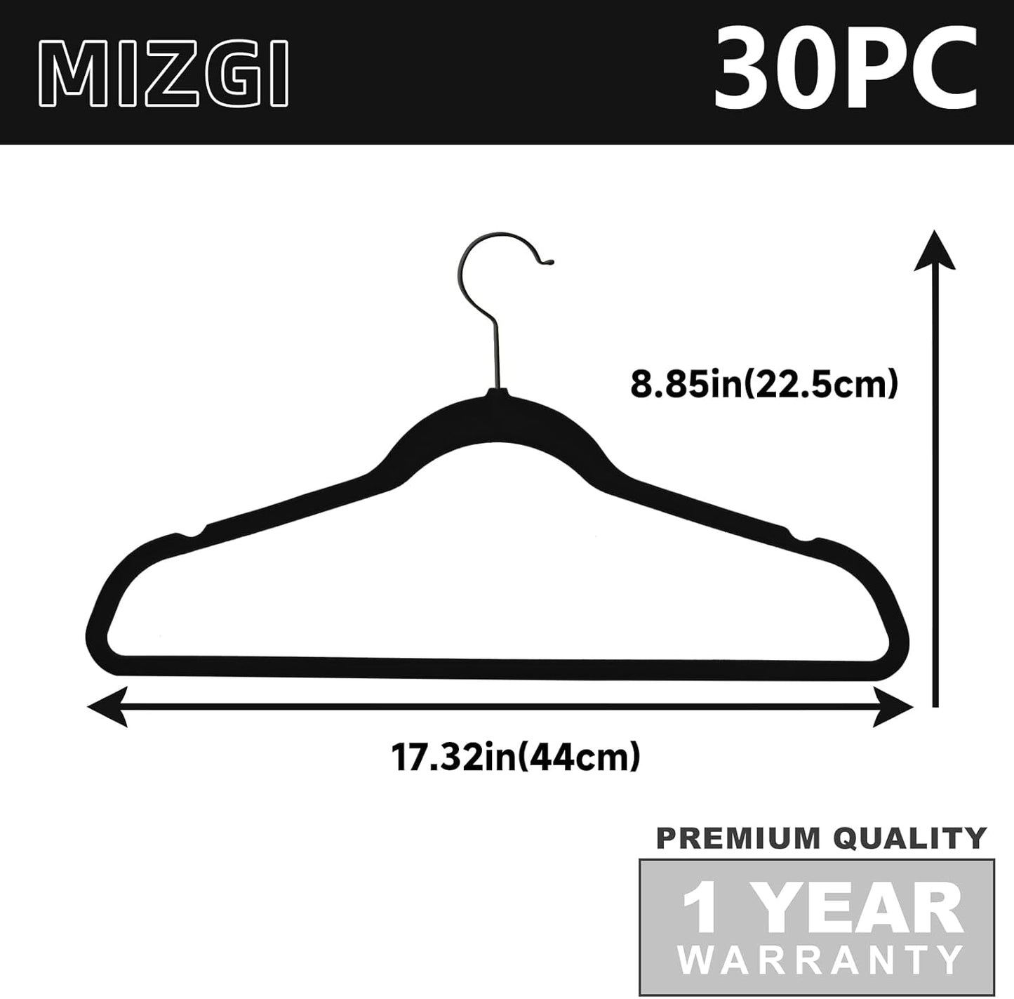 MIZGI Premium All Black Velvet Hangers with Black Hooks (30 Pack) Heavy Duty - Non Slip Felt Hangers - 360 Degree Swivel,Space Saving Clothes Hanger,Durable Strong Hanger for Suits,Coat
