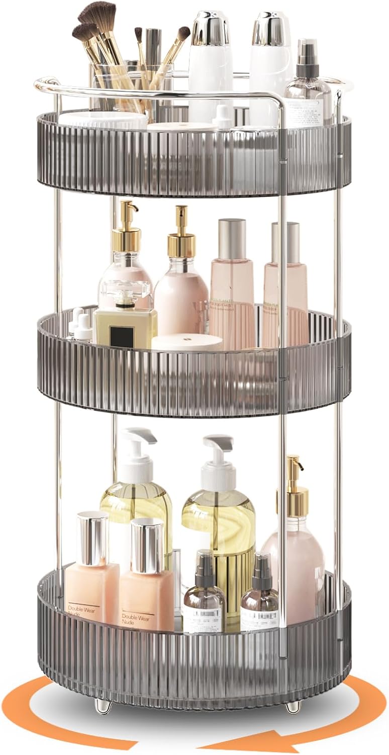 360° Rotating Makeup Organizer for Vanity, Skincare Perfume Organizers and Storage for Bathroom Countertop, Makeup Brush Holder Lazy Susan for Counter (Grey, 3 Tier)