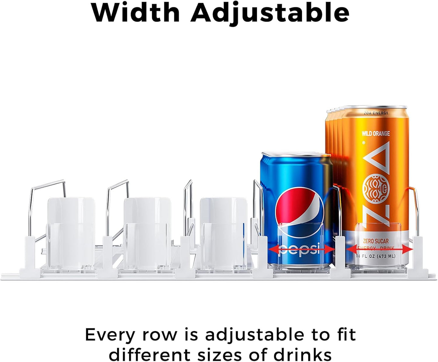 Puricon Fridge Drink Organizer - Spring Loaded, Self Pushing Soda Can & Beer Bottle Organizer - 5 Rows, White