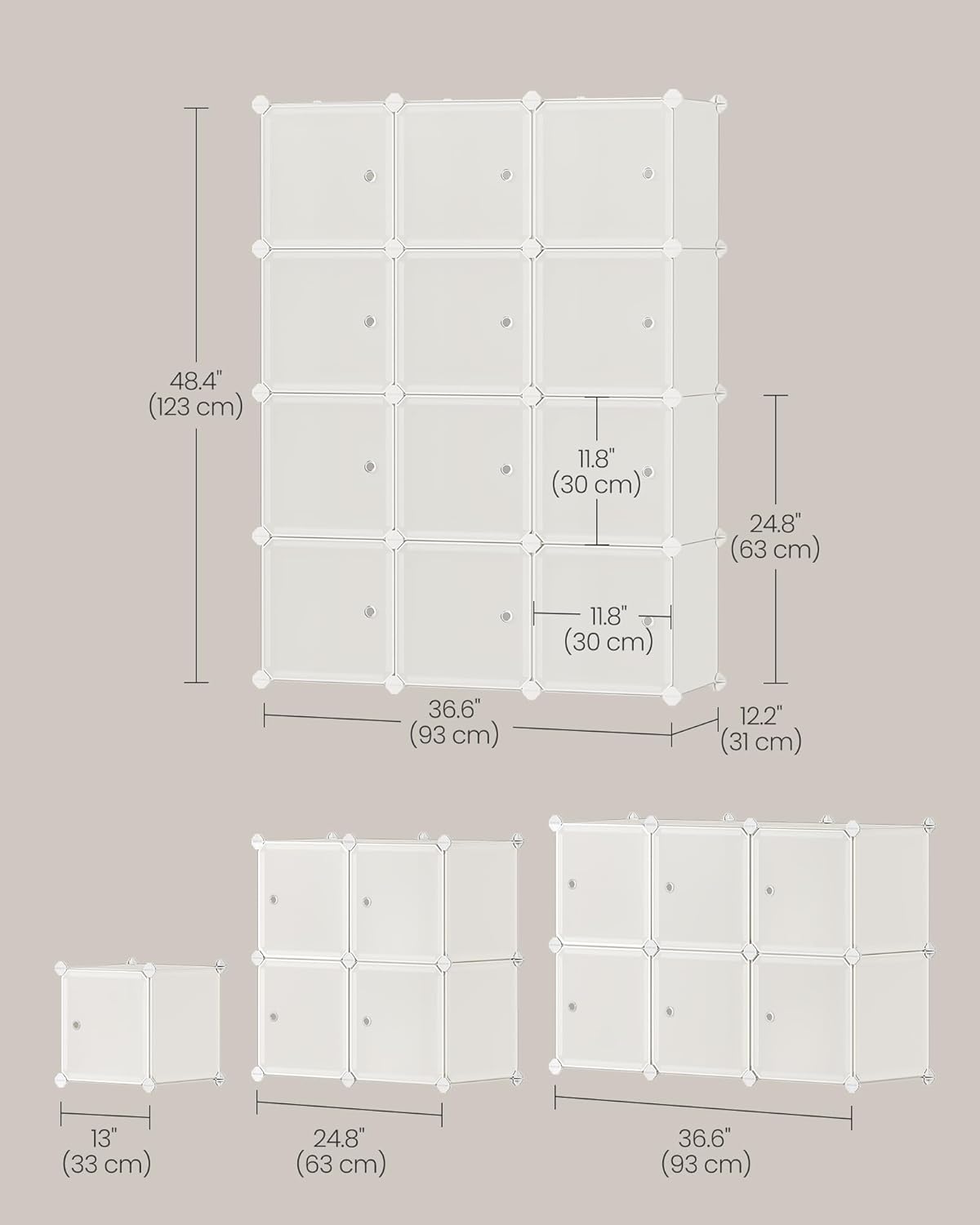 SONGMICS Cube Storage Organizer, Set of 12 Plastic Cubes, Closet Storage Shelves, DIY Plastic Closet Cabinet, Modular Bookcase, Shelving with Doors for Bedroom, Living Room, Cream White ULPC342W02