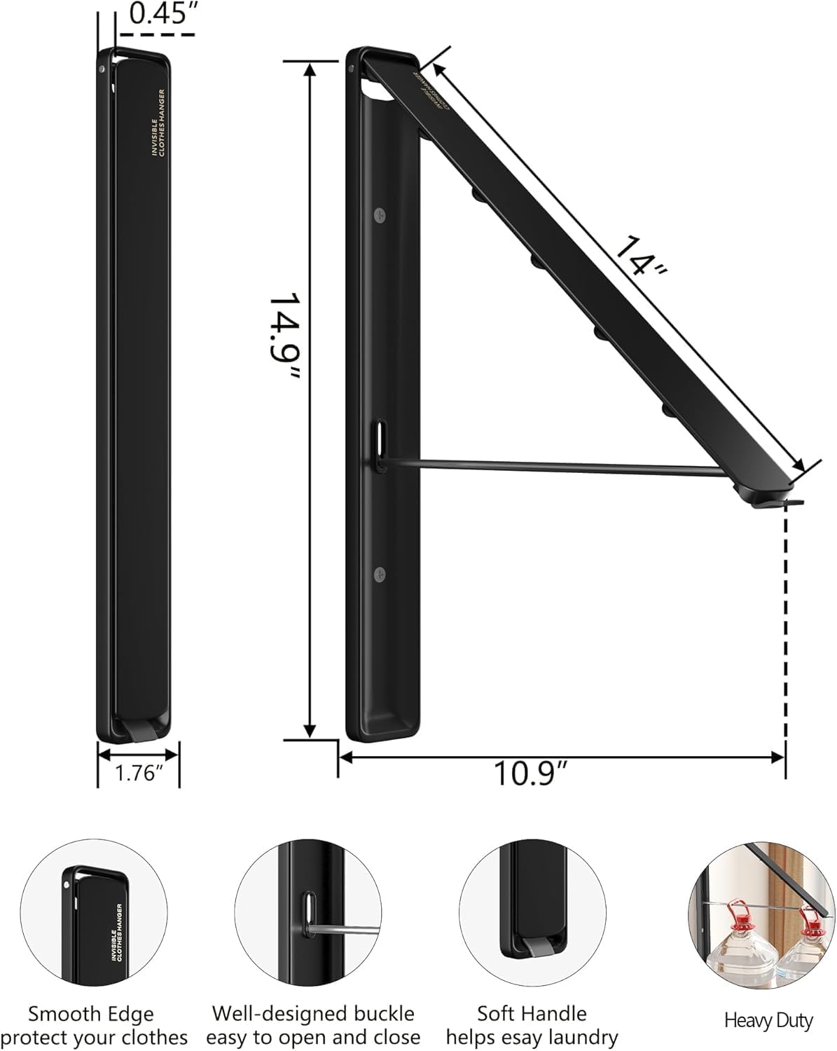 Dr.DJ Clothes Drying Rack Wall Mounted, Retractable & Foldable Clothes Hanger for Laundry Room Organization and Storage, Clothes Hanger Rack for Dorm, Closet, Balcony, Laundry Room(2Pack, Black)