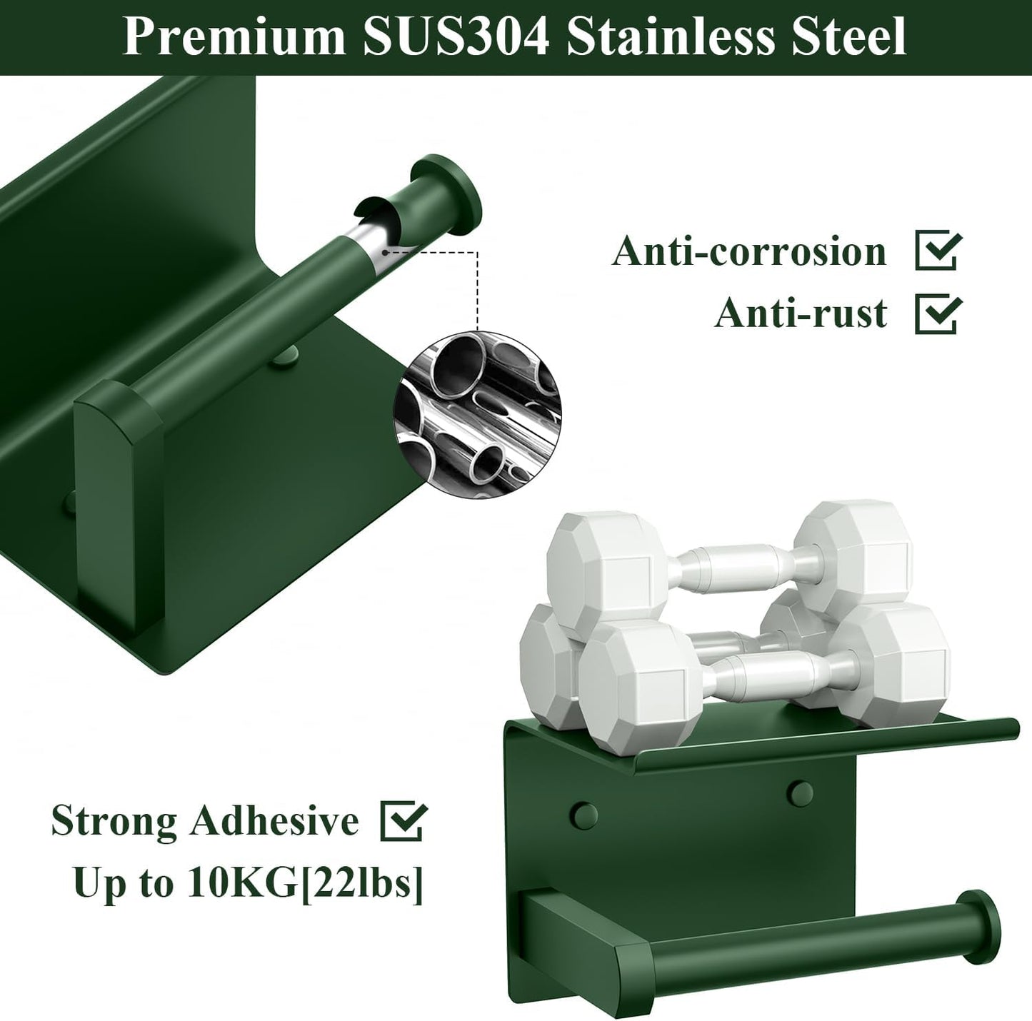 Tindbea Toilet Paper Holder with Shelf Adhesive or Screw Wall Mounted Toilet Paper Roll Dispenser Storage, Stainless Steel Bathroom Shelf Holder Accessories (Forest Green)