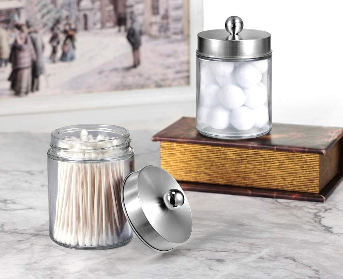 Amolliar Apothecary Jars Bathroom Vanity Organizer -Countertop Canister Jar with Storage Lid - Qtip Dispenser Holder Glass for Qtips,Cotton Swabs,Makeup Sponges ,Hair Band - Brushed Nickel (1 Pack)