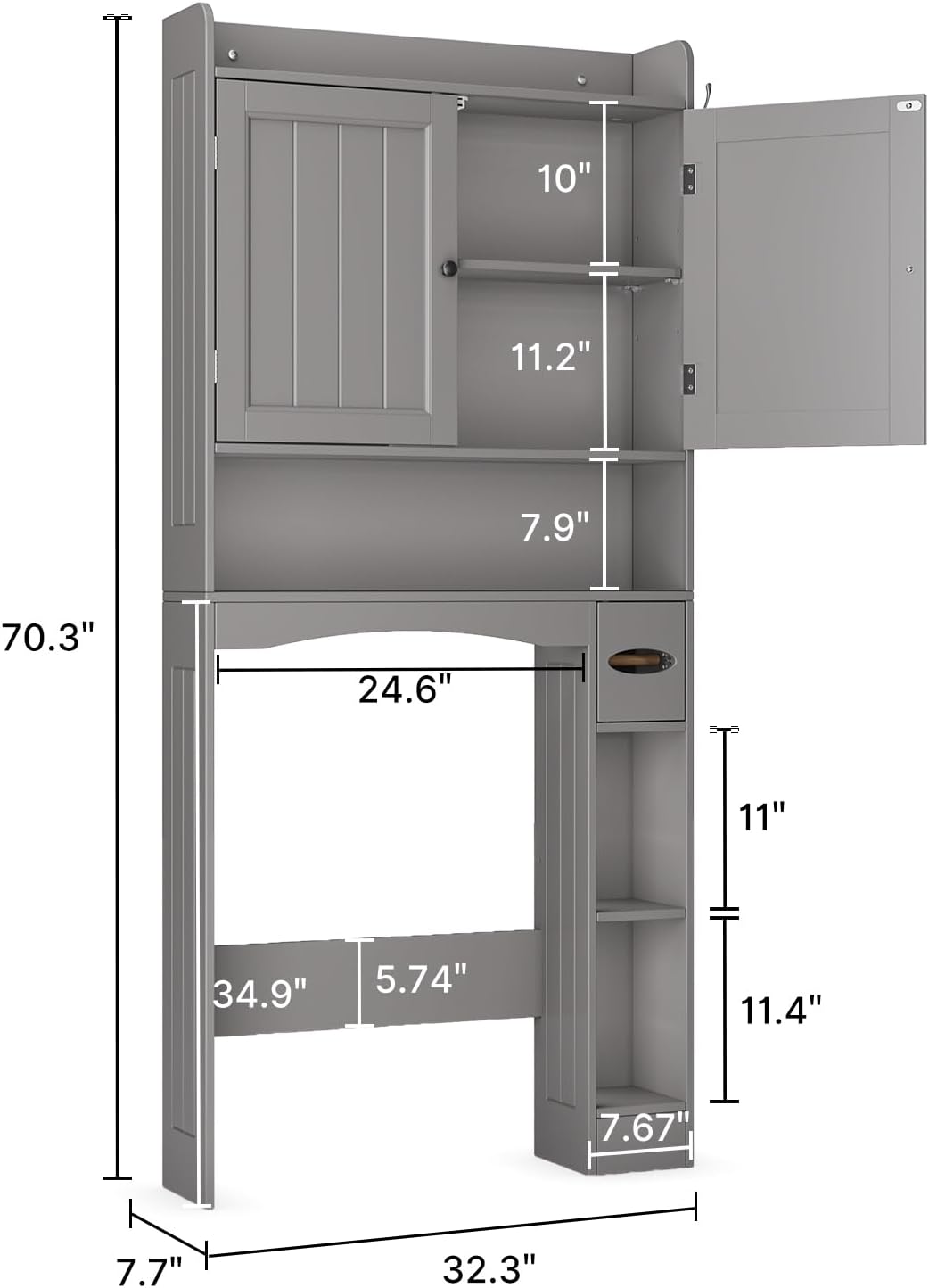 Ahomly Over The Toilet Storage Cabinet, 32.3" W Over Toilet Bathroom Organizer with Doors, Adjustable Shelves, Toilet Paper Holder, 2 Side Hooks, Space-Saver for Bathroom, Laundry, Grey