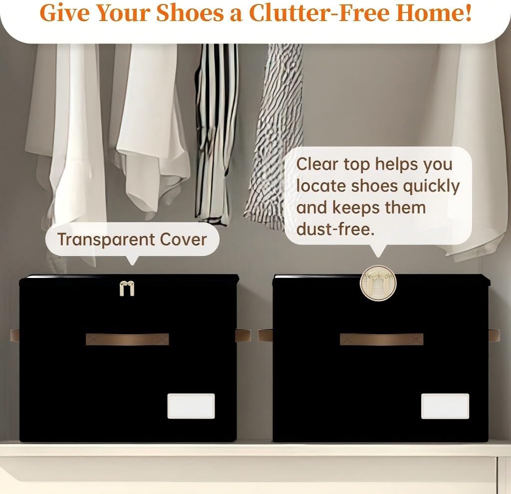 Shoe Organizer for Closet, Foldable Shoe Storage Containers, Fits up to 16 Pairs, Large Shoe Storage Organizer Box Cubby Baskets Bins with Clear Cover and Reinforced Handles, Black