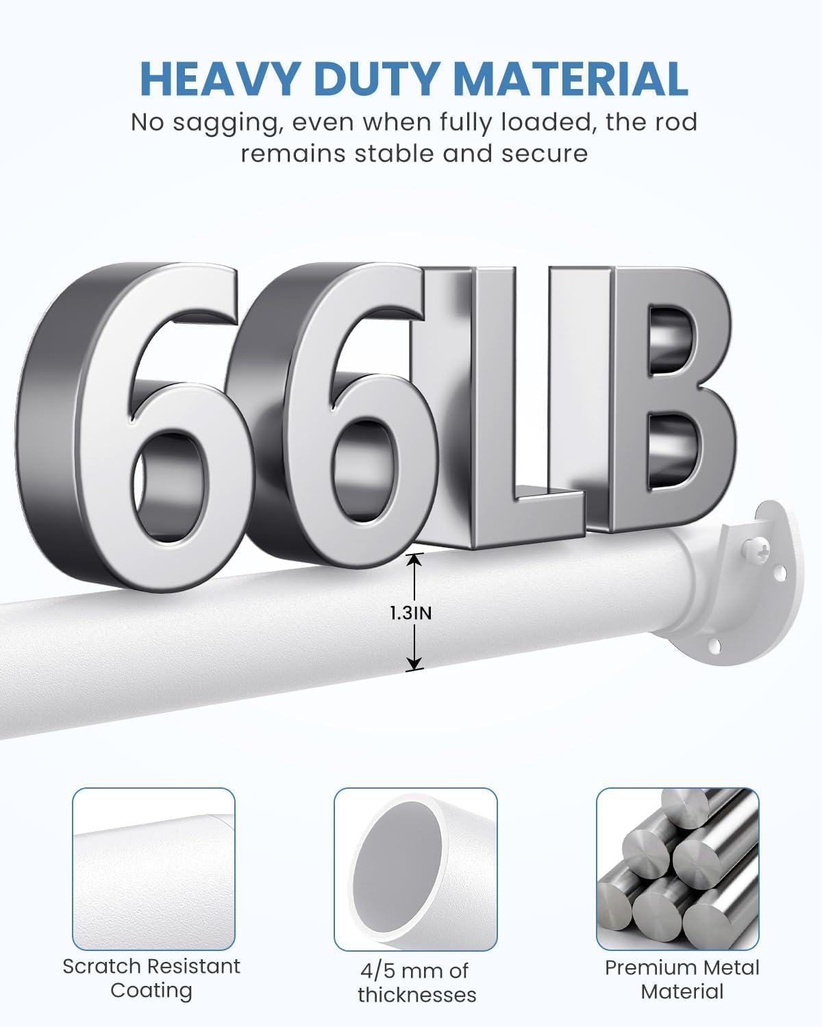 2 PACK Closet Rods for Hanging Clothes, 17 to 69 Inches Stepless Adjustable Metal Closet Rod, 1.3 Inches Heavy Duty Clothes Hanging Rod for Closet Wardrobes Laundry RV, White
