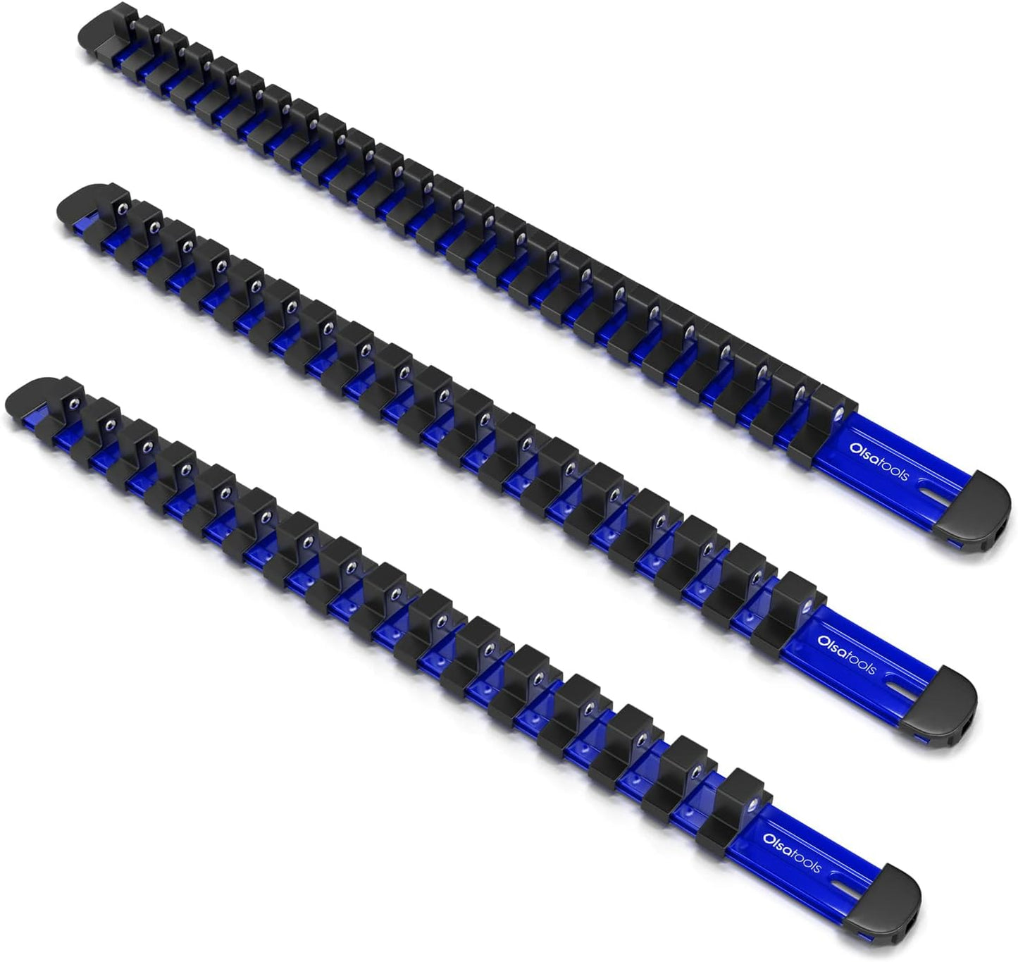 Olsa Tools 3 Pc Set Aluminum Socket Organizer with Locking End Caps | 1/4-Inch Drive x 24 Clips, 3/8-Inch Drive x 18 Clips, 1/2-Inch Drive x 16 Clips | Professional Quality Socket Holder (Blue)