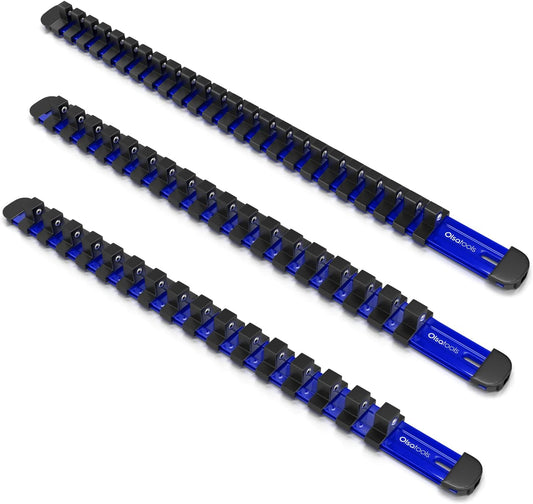 Olsa Tools 3 Pc Set Aluminum Socket Organizer with Locking End Caps | 1/4-Inch Drive x 24 Clips, 3/8-Inch Drive x 18 Clips, 1/2-Inch Drive x 16 Clips | Professional Quality Socket Holder (Blue)