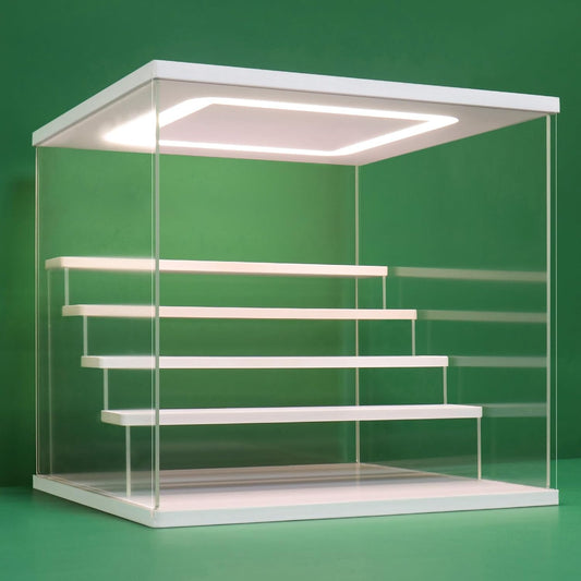 NONEMEY Clear Acrylic Display Case Stand with LED Light 2/3/4/5/6 Tier Storage Box Showcase Dustproof Organizer Box for Collectibles (White 5Tier 12.4*12.2*12inch )