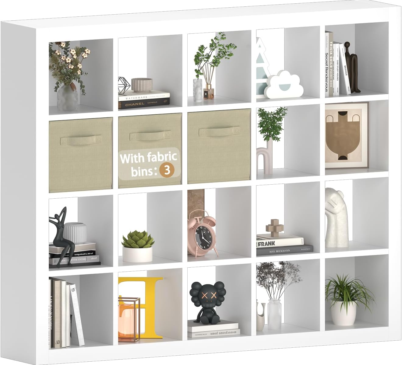 Sturdy Wooden Bookshelf with Storage Bins - 20-Cube Organizer, Multifunctional Cubicle Rack for Display & Storage, Living Room, Bedroom, Office, White