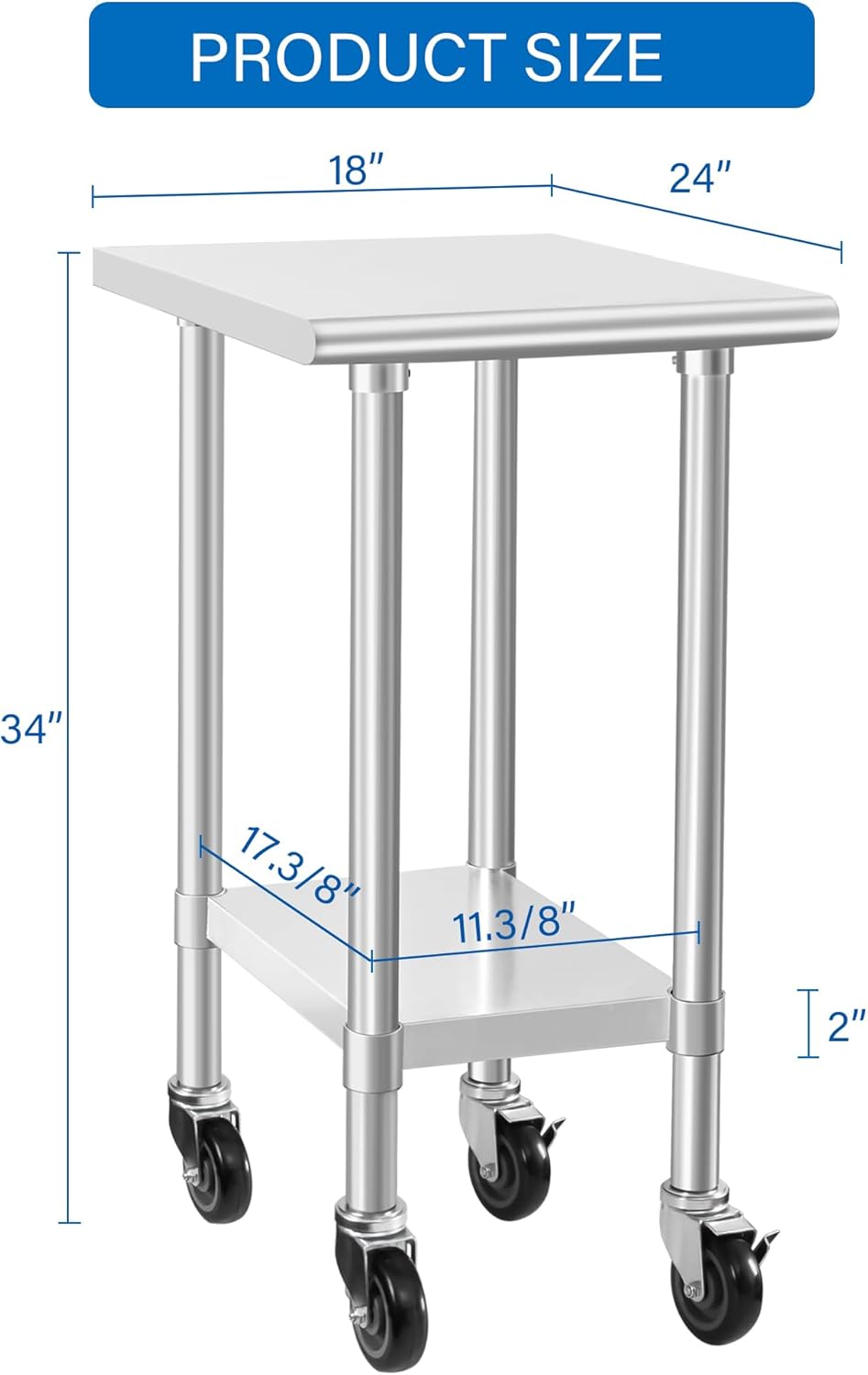HARDURA Stainless Steel Commercial Table Prep & Work Table with Casters Heavy Duty Metal Table with Wheels NSF 430 24×18 Inches