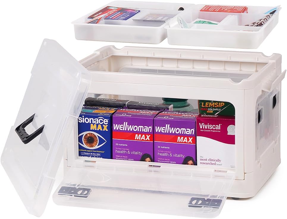 DOUKE 30qt Medicine Organizer Storage Box – Plastic First Aid Box Empty with Lid, Stackable Medical Container with Handle & Wheels, Sturdy BPA-Free Case with Tray for Medication & Supplies