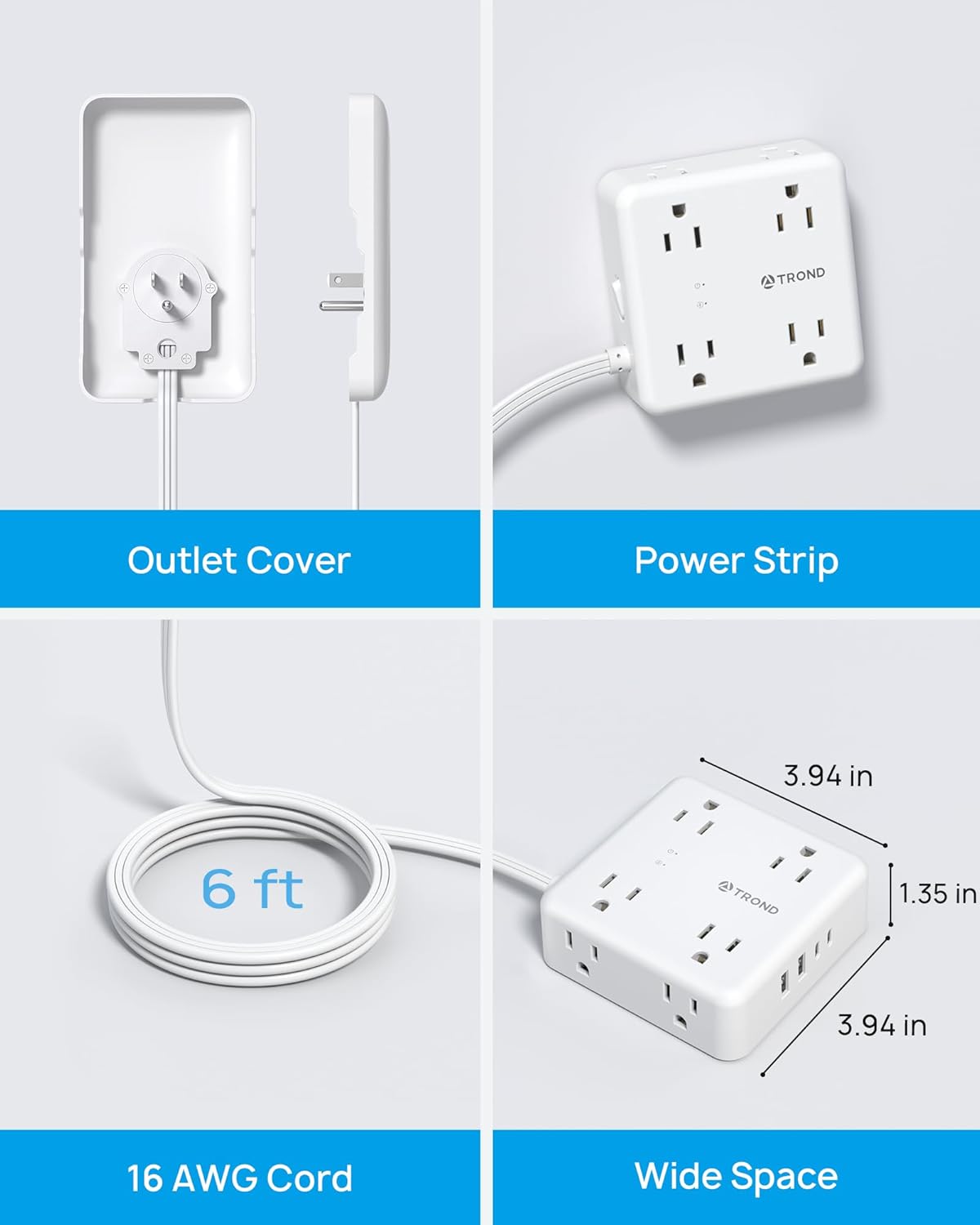 TROND Flat Outlet Cover Extender - 6FT Flat Extension Cord with 8 Outlet and 4 USB, Ultra-Thin Power Strip Cord Concealer with 1700 Surge Protector, Idea for Home Improvement to Hide TV Messy Cord