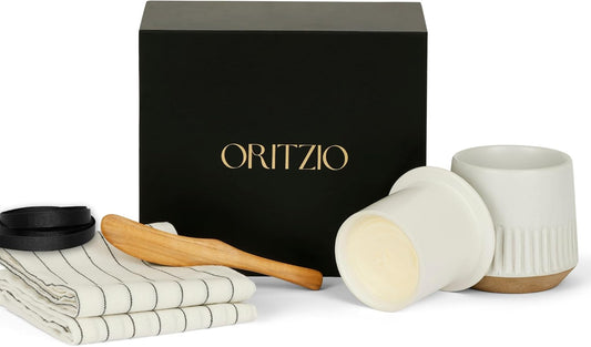 French Butter Crock Gift Set –Housewarming Gift, Gift for Foodie, Holiday Gift, Corporate Gift, Gift for Kitchen |Ceramic Butter Keeper Gift Set with Tea Towels & Olivewood Spreader in Gift Box