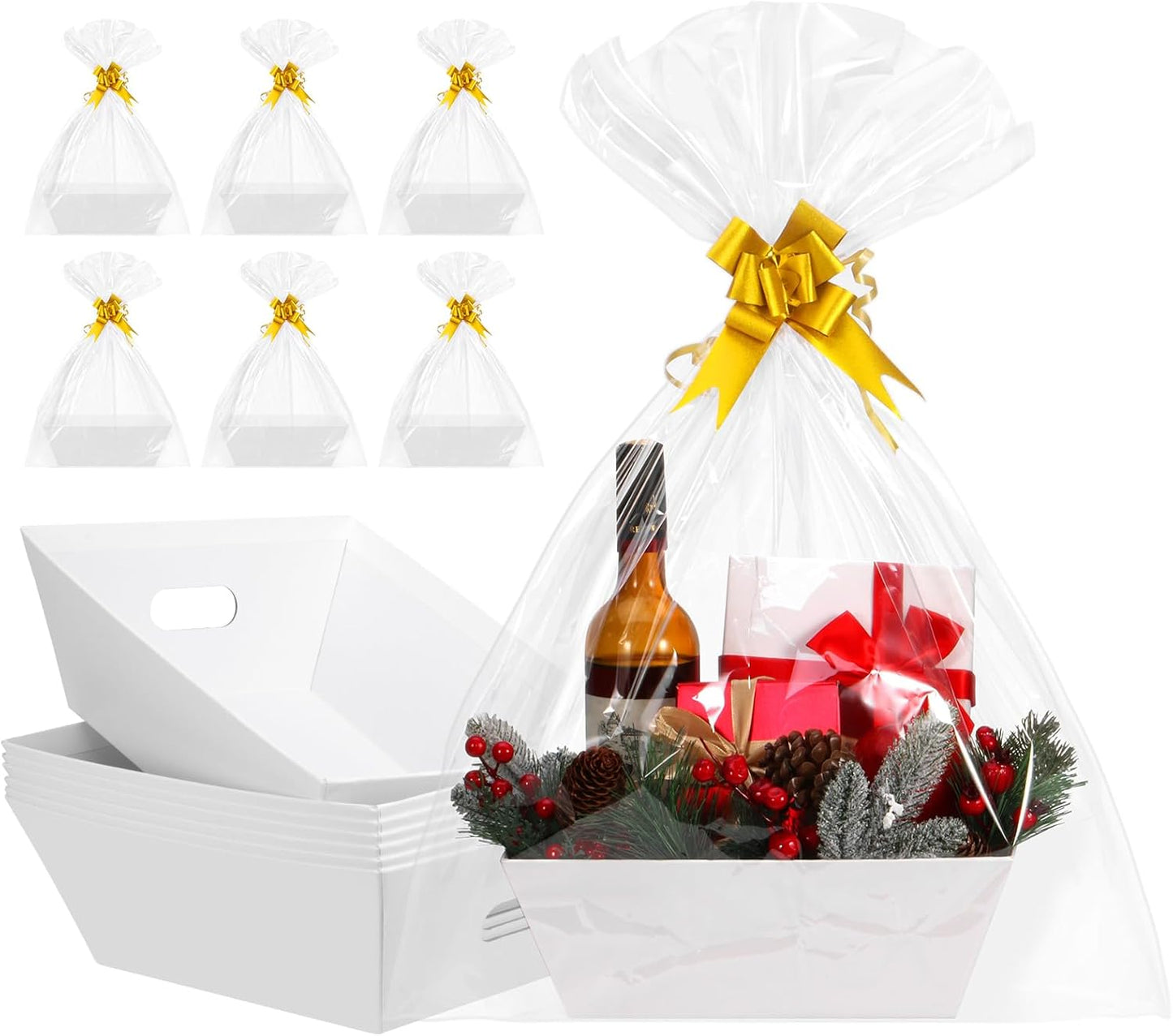 AFOROEOA 10PACK White Baskets For Gifts Empty, 10x12”Thick Kraft Gift Basket with 10 Bows 10 Bags Empty Gift Baskets for Christmas, Easter, Birthdays, Snacks, Farmers Market